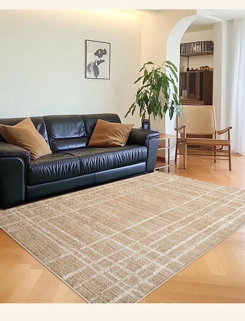 Brown Beige Line Plaid Large Area Carpet │ Minimal Soft Home Decorative Non-Slip Rug - Besontique Home
