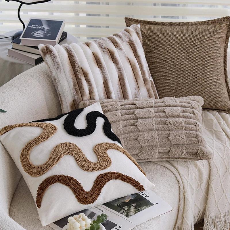 Brown Black Beige Curved Tufted Cushion Cover │ Modern Boho Linen Plush Throw Pillow Covers - Besontique Home
