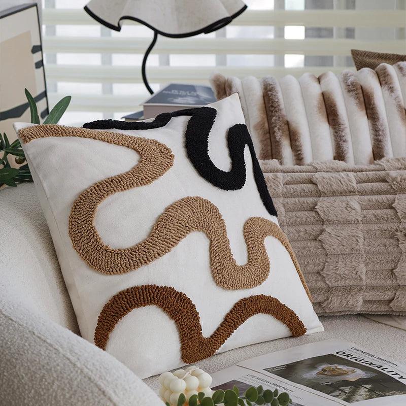 Brown Black Beige Curved Tufted Cushion Cover │ Modern Boho Linen Plush Throw Pillow Covers - Besontique Home