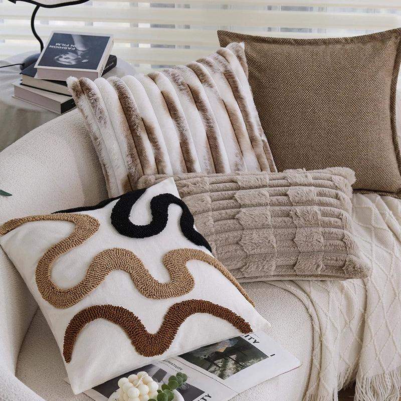 Brown Black Beige Curved Tufted Cushion Cover │ Modern Boho Linen Plush Throw Pillow Covers - Besontique Home