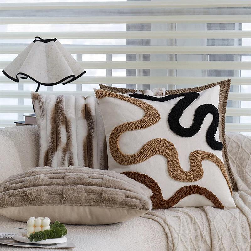 Brown Black Beige Curved Tufted Cushion Cover │ Modern Boho Linen Plush Throw Pillow Covers - Besontique Home