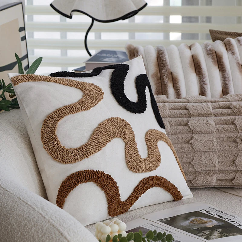 Brown Black Beige Curved Tufted Cushion Cover │ Modern Boho Linen Plush Throw Pillow Covers - Besontique Home