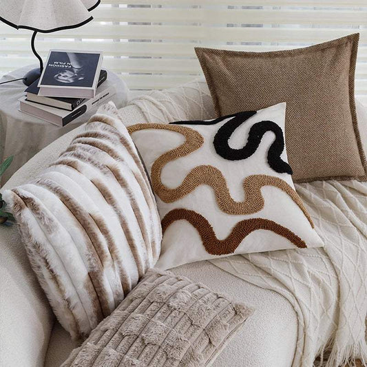 Brown Black Beige Curved Tufted Cushion Cover │ Modern Boho Linen Plush Throw Pillow Covers - Besontique Home