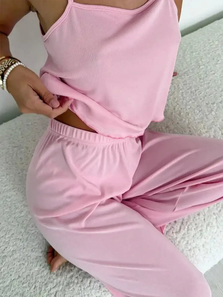 brown-pink-sleeveless-tank-top-and-pants-pajama-2-piece-set-cozy-homewear-sleepwear-for-women-besontique-home-34615 - Besontique Home
