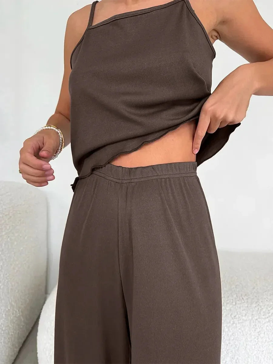Brown Pink Sleeveless Tank Top & Pants Pajama 2-Piece Set – Cozy Homewear Sleepwear for Women - Besontique Home