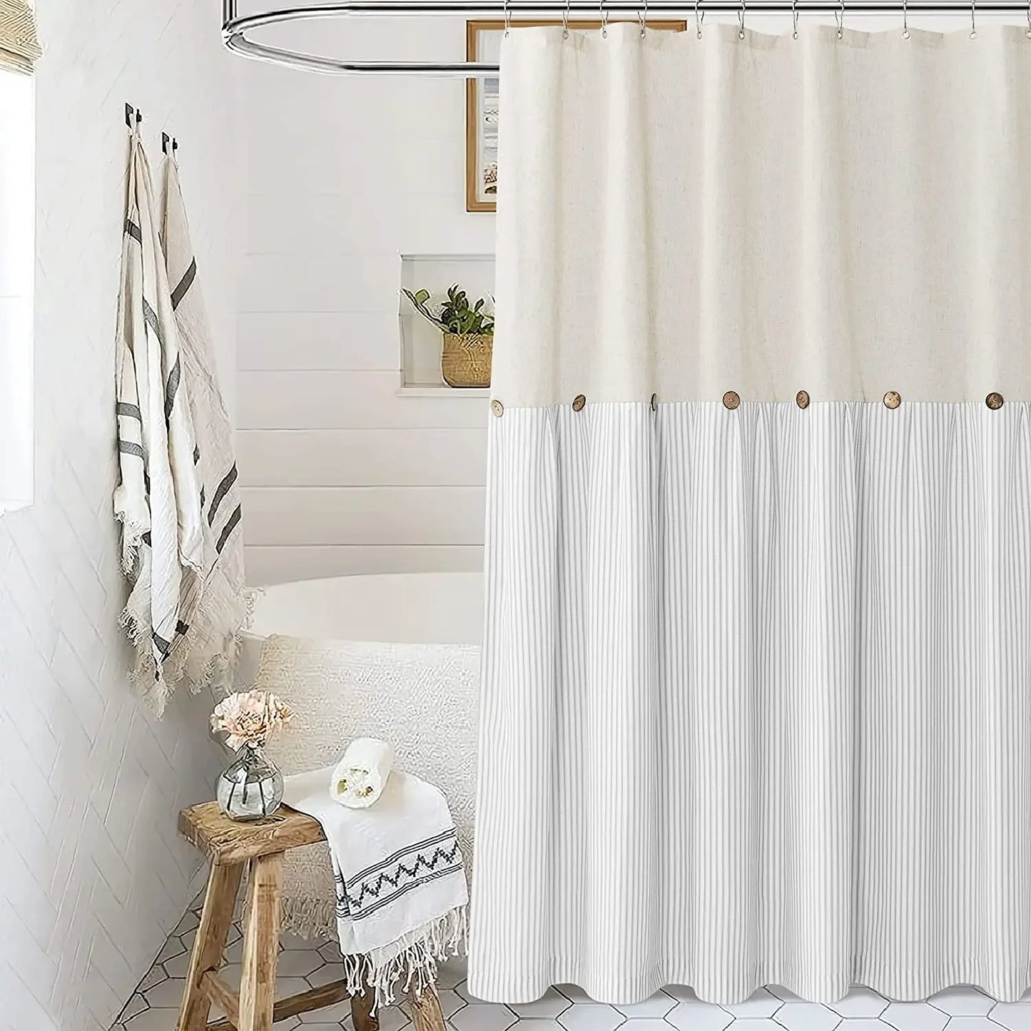 Button Frill Ruffle Pleated Grey Stripe Shower Curtain (1 pcs)│ Boho Country Style Linen Bathroom Decor Curtains - Besontique Home