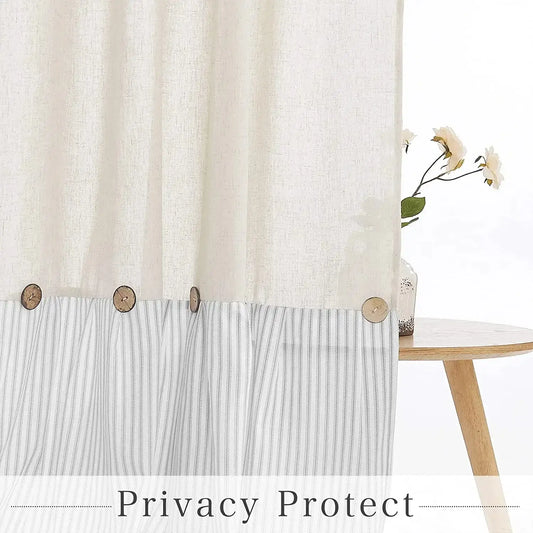 Button Frill Ruffle Pleated Grey Stripe Shower Curtain (1 pcs)│ Boho Country Style Linen Bathroom Decor Curtains - Besontique Home