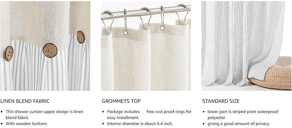 Button Frill Ruffle Pleated Grey Stripe Shower Curtain (1 pcs)│ Boho Country Style Linen Bathroom Decor Curtains - Besontique Home