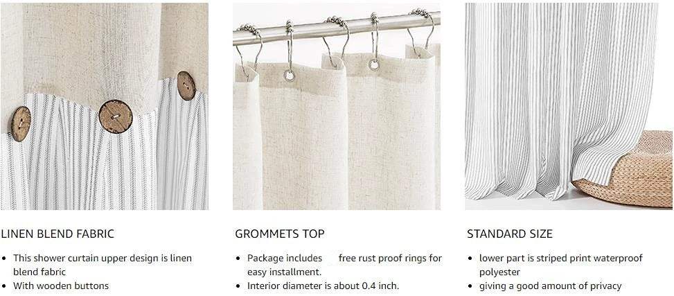 button-frill-ruffle-pleated-grey-stripe-shower-curtain-1-pcs-boho-country-style-linen-bathroom-decor-curtains-besontique-home-64752 - Besontique Home