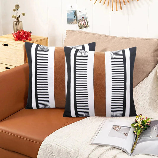 Canvas Stripe Stitching Pillow Cover Cases │ Modern Artificial Leather Cushion Cover - Besontique Home