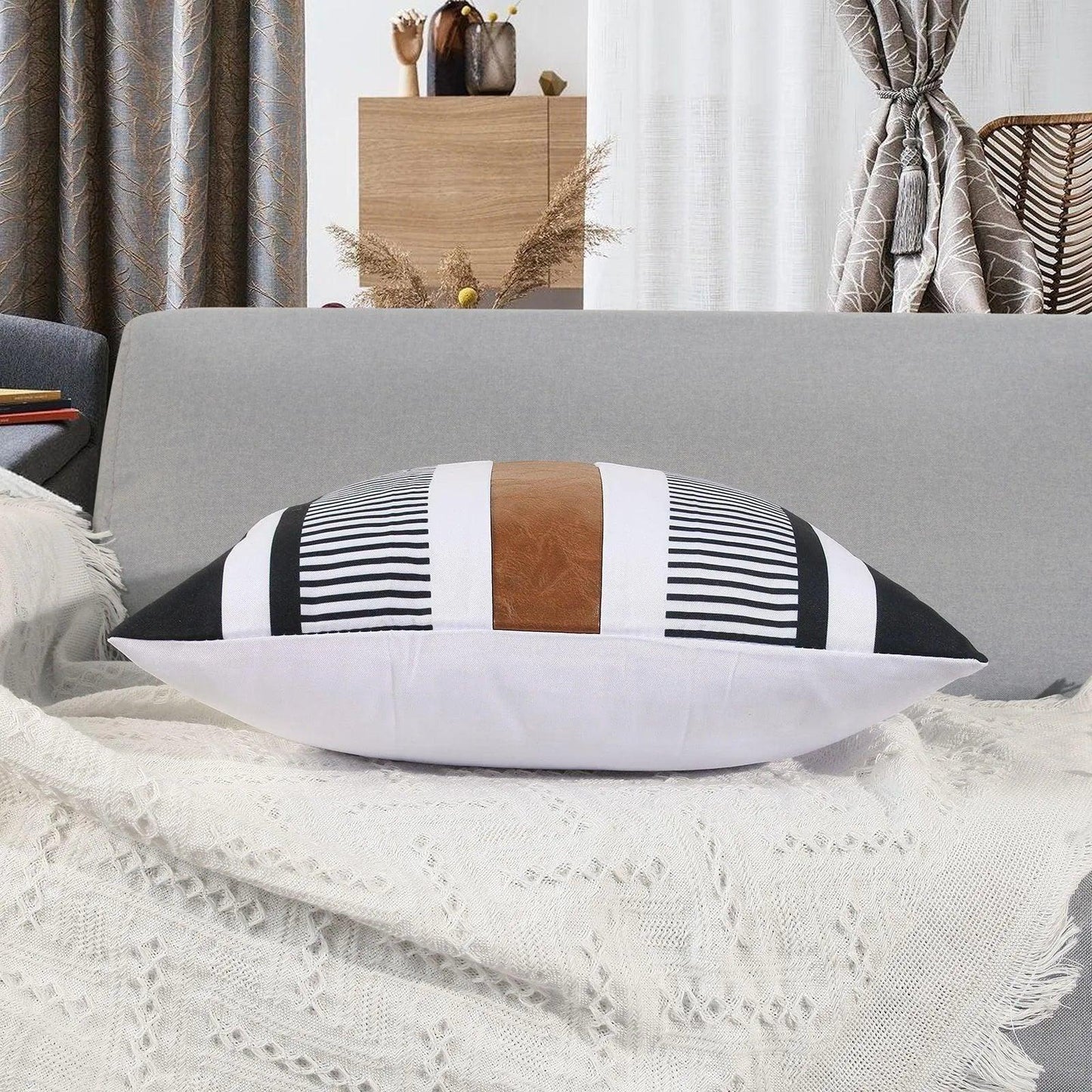 Canvas Stripe Stitching Pillow Cover Cases │ Modern Artificial Leather Cushion Cover - Besontique Home