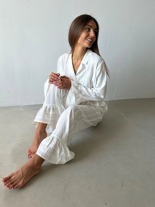 Casual Women Comfy Cotton Long Sleeve Nightgown 2 Piece Set │ Homewear - Besontique Home