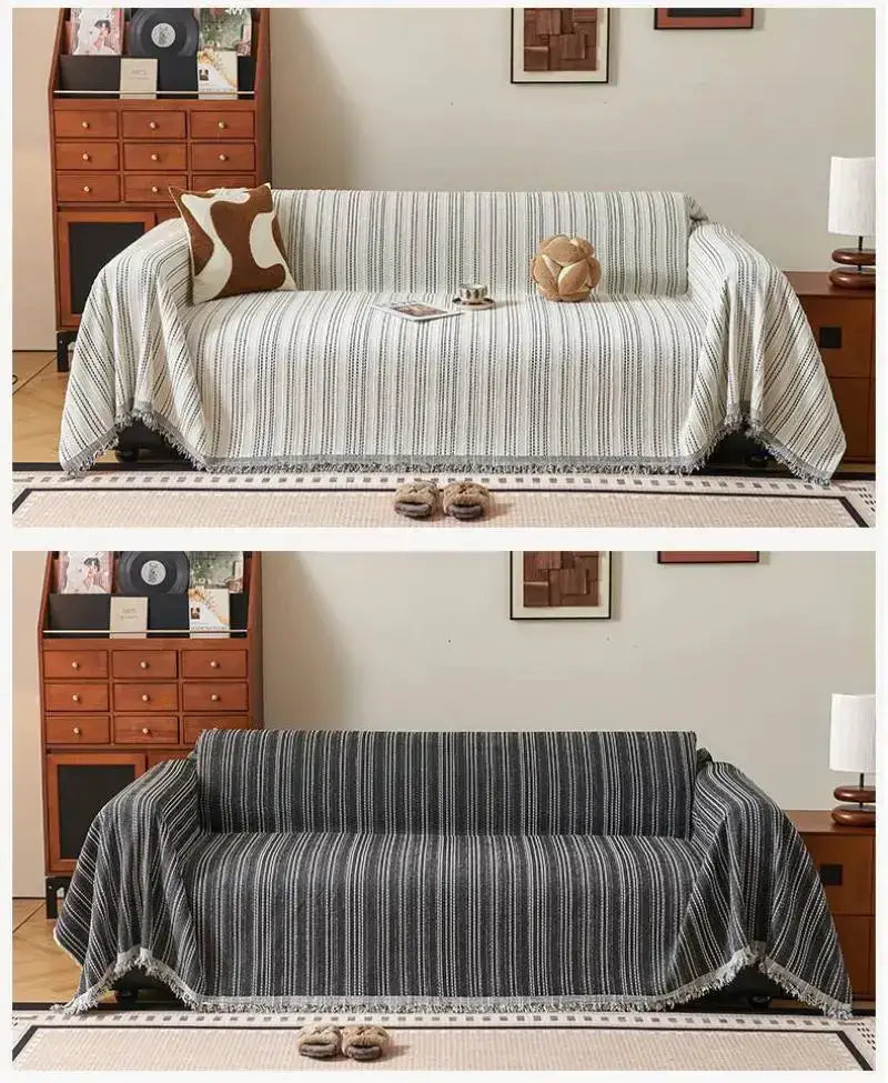 chenille-stripe-pattern-reversible-sofa-cover-simple-solid-color-anti-cat-scratch-protection-throw-blanket-with-tassel-besontique-home-28226 - Besontique Home