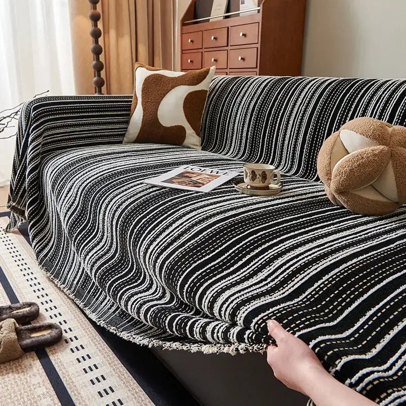 chenille-stripe-pattern-reversible-sofa-cover-simple-solid-color-anti-cat-scratch-protection-throw-blanket-with-tassel-besontique-home-28664 - Besontique Home
