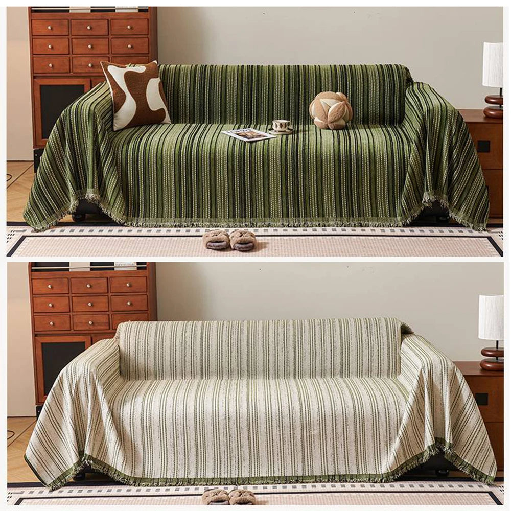 Chenille Stripe Pattern Reversible Sofa Cover │ Simple Solid Color Anti-cat Scratch Protection Throw Blanket with Tassel - Besontique Home