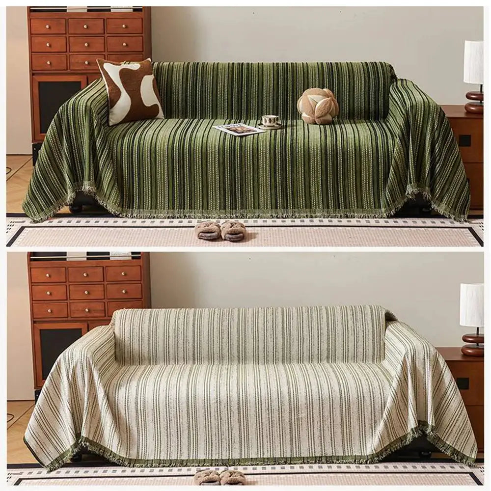 chenille-stripe-pattern-reversible-sofa-cover-simple-solid-color-anti-cat-scratch-protection-throw-blanket-with-tassel-besontique-home-35167 - Besontique Home