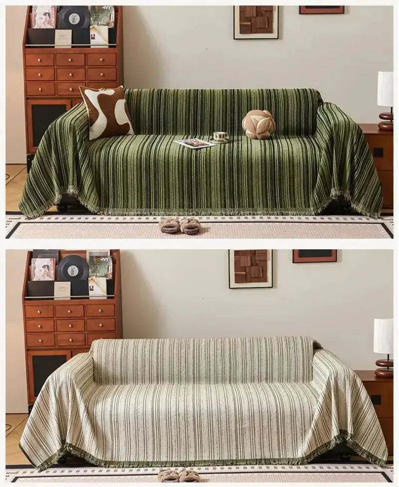 chenille-stripe-pattern-reversible-sofa-cover-simple-solid-color-anti-cat-scratch-protection-throw-blanket-with-tassel-besontique-home-63322 - Besontique Home