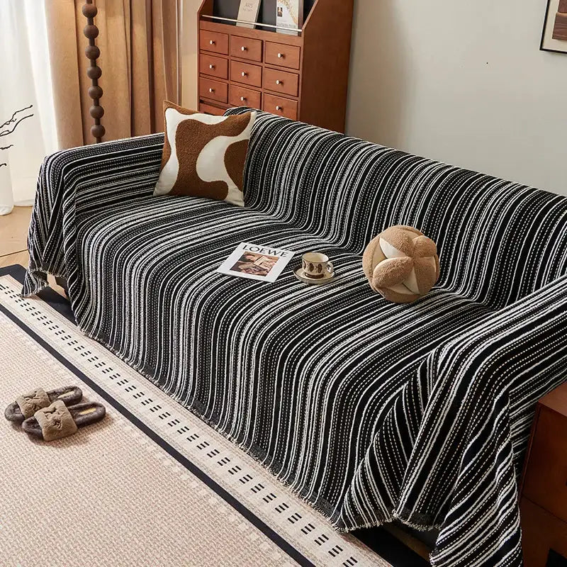 chenille-stripe-pattern-reversible-sofa-cover-simple-solid-color-anti-cat-scratch-protection-throw-blanket-with-tassel-besontique-home-73067 - Besontique Home