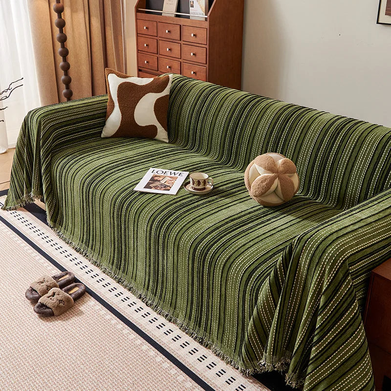 Chenille Stripe Pattern Reversible Sofa Cover │ Simple Solid Color Anti-cat Scratch Protection Throw Blanket with Tassel - Besontique Home