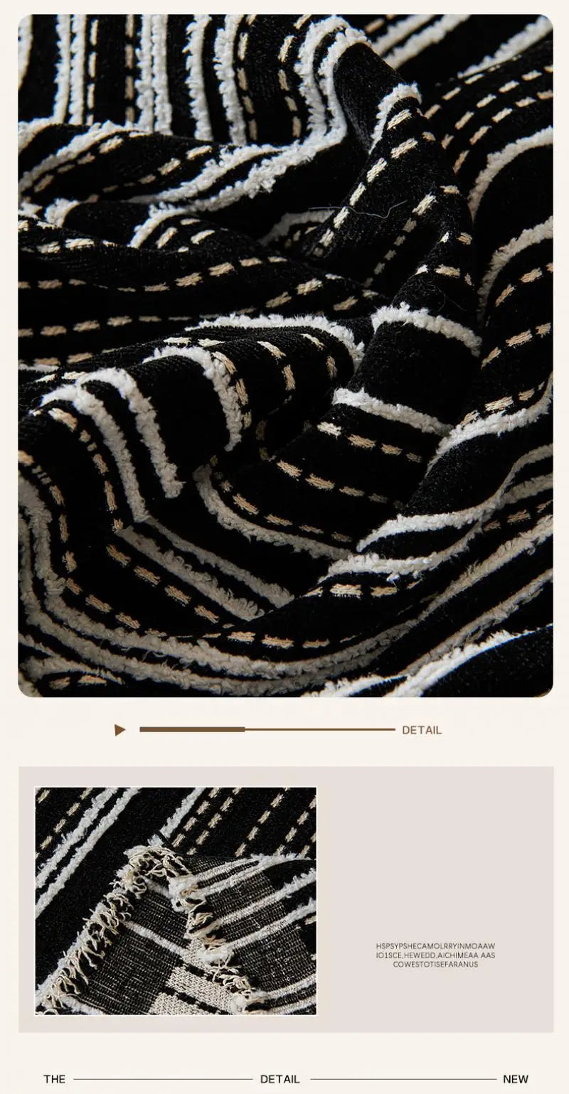Chenille Stripe Pattern Reversible Sofa Cover │ Simple Solid Color Anti-cat Scratch Protection Throw Blanket with Tassel - Besontique Home