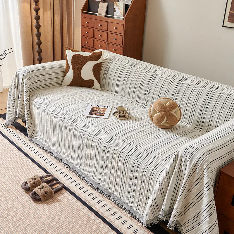 Chenille Stripe Pattern Reversible Sofa Cover │ Simple Solid Color Anti-cat Scratch Protection Throw Blanket with Tassel - Besontique Home
