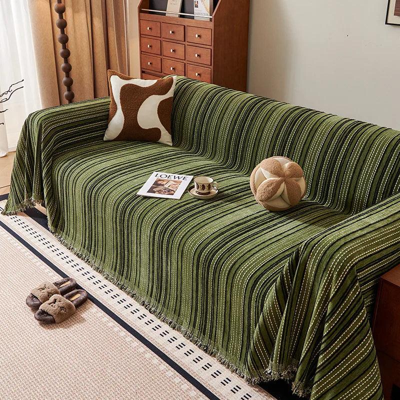 Chenille Stripe Pattern Reversible Sofa Cover │ Simple Solid Color Anti-cat Scratch ProtectionThrow Blanket with Tassel - Besontique Home
