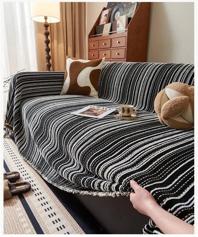 Chenille Stripe Pattern Reversible Sofa Cover │ Simple Solid Color Anti-cat Scratch ProtectionThrow Blanket with Tassel - Besontique Home