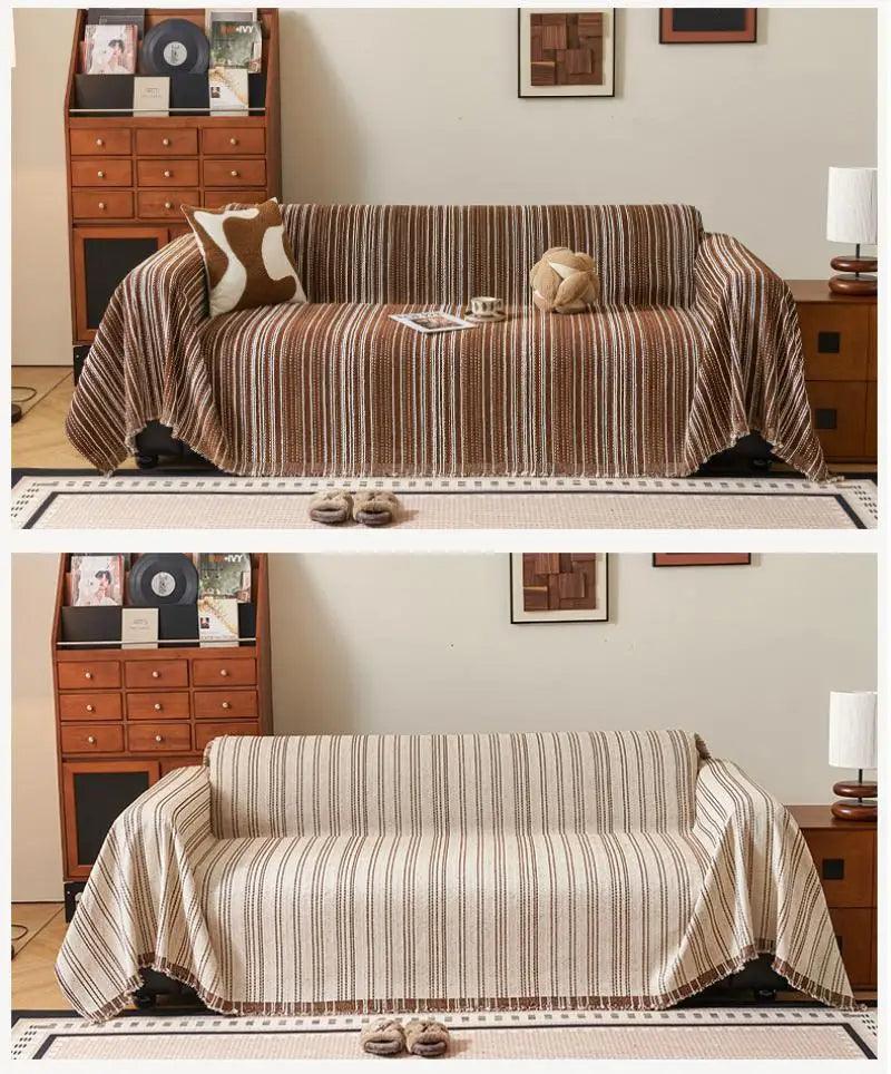 Chenille Stripe Pattern Reversible Sofa Cover │ Simple Solid Color Anti-cat Scratch ProtectionThrow Blanket with Tassel - Besontique Home