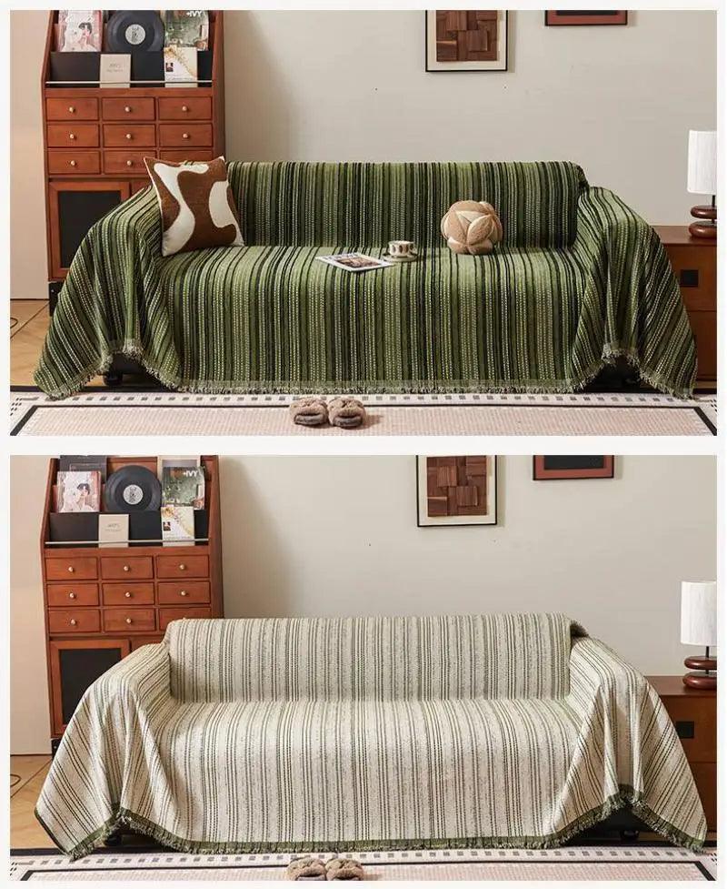 Chenille Stripe Pattern Reversible Sofa Cover │ Simple Solid Color Anti-cat Scratch ProtectionThrow Blanket with Tassel - Besontique Home