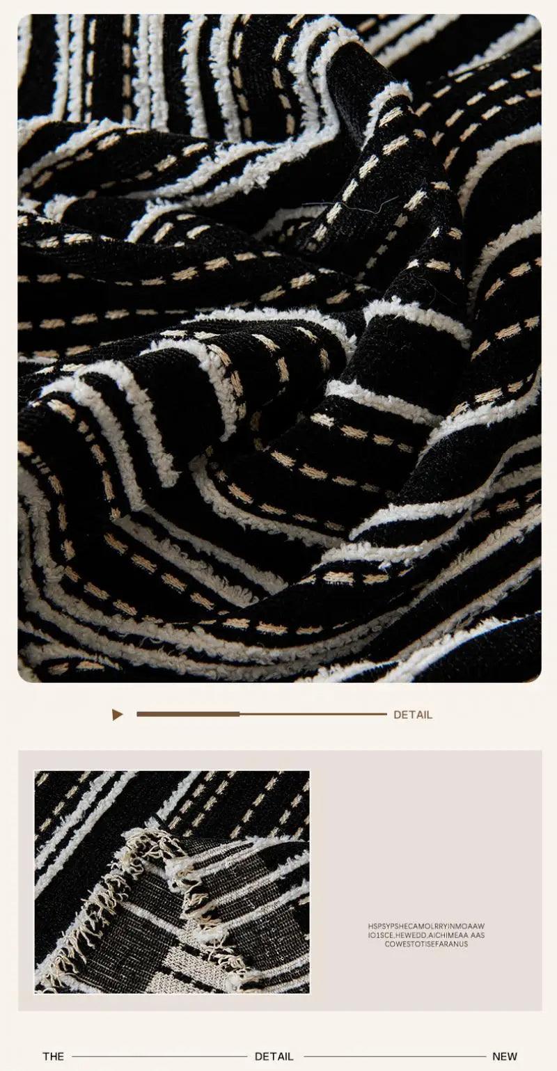 Chenille Stripe Pattern Reversible Sofa Cover │ Simple Solid Color Anti-cat Scratch ProtectionThrow Blanket with Tassel - Besontique Home