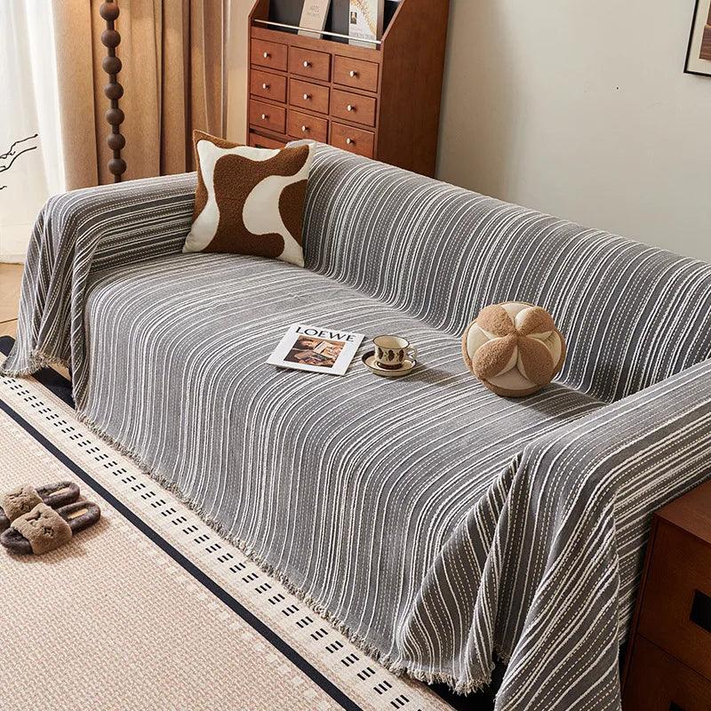 Chenille Stripe Pattern Reversible Sofa Cover │ Simple Solid Color Anti-cat Scratch ProtectionThrow Blanket with Tassel - Besontique Home