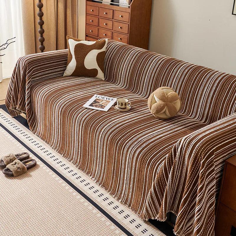 Chenille Stripe Pattern Reversible Sofa Cover │ Simple Solid Color Anti-cat Scratch ProtectionThrow Blanket with Tassel - Besontique Home