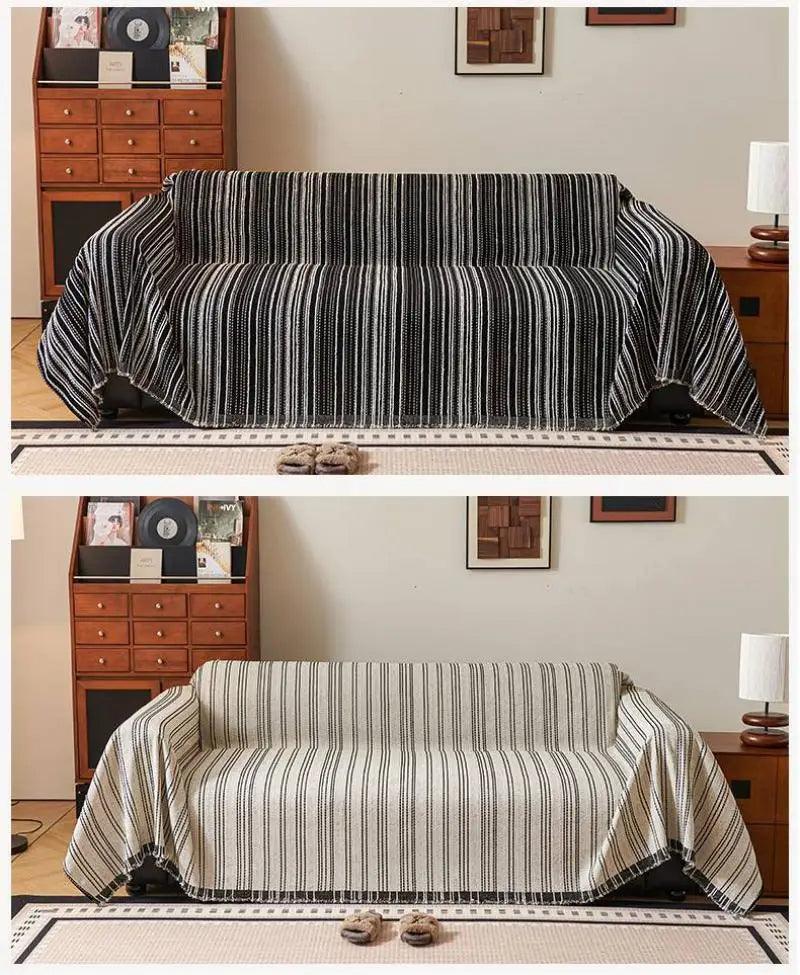 Chenille Stripe Pattern Reversible Sofa Cover │ Simple Solid Color Anti-cat Scratch ProtectionThrow Blanket with Tassel - Besontique Home