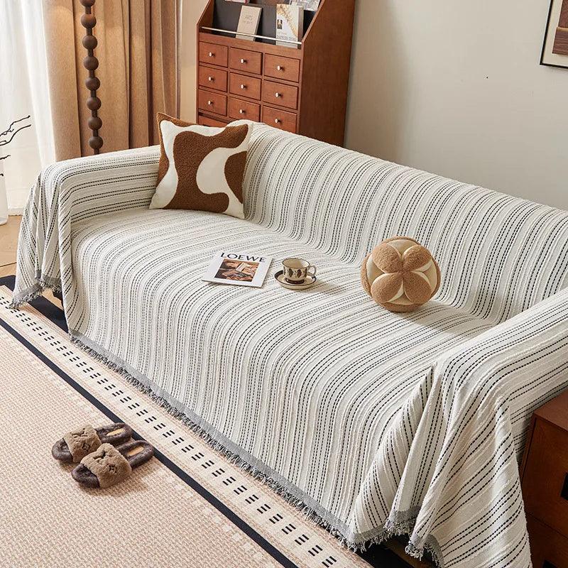 Chenille Stripe Pattern Reversible Sofa Cover │ Simple Solid Color Anti-cat Scratch ProtectionThrow Blanket with Tassel - Besontique Home