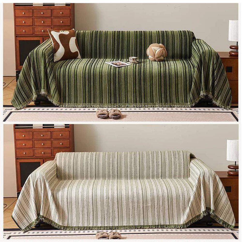 Chenille Stripe Pattern Reversible Sofa Cover │ Simple Solid Color Anti-cat Scratch ProtectionThrow Blanket with Tassel - Besontique Home