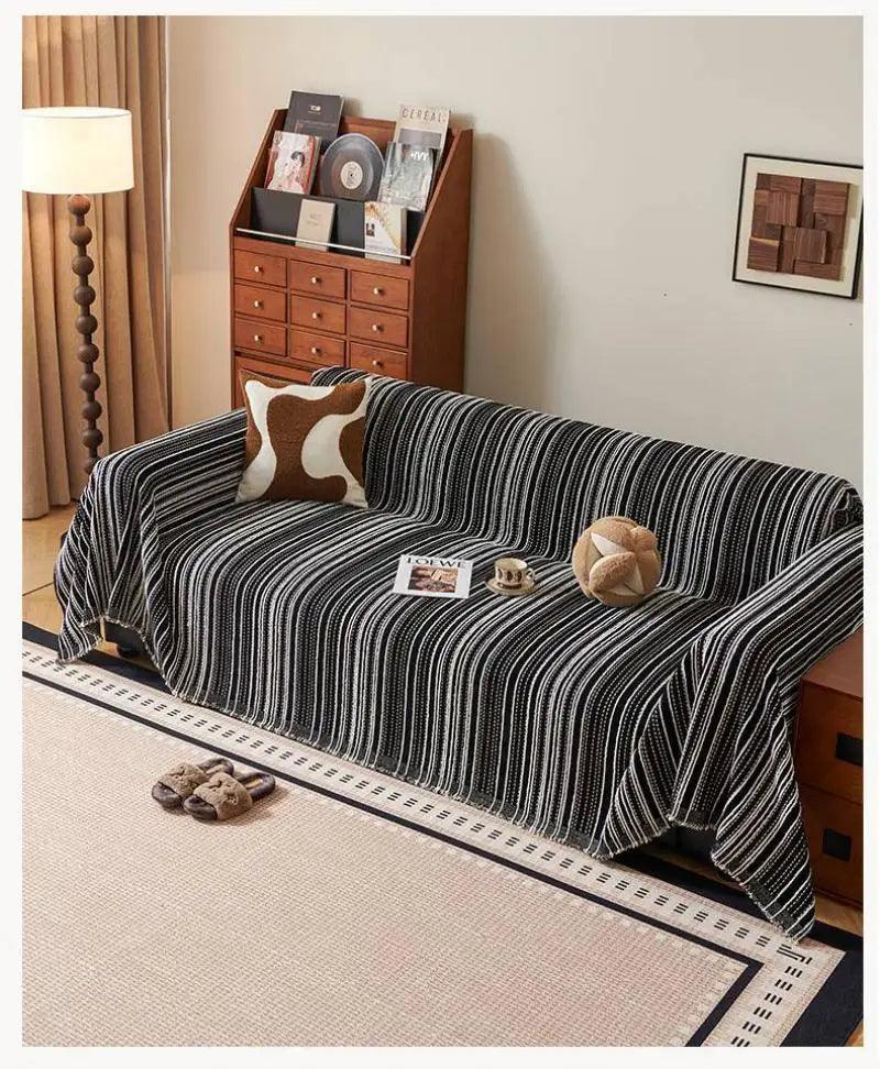 Chenille Stripe Pattern Reversible Sofa Cover │ Simple Solid Color Anti-cat Scratch ProtectionThrow Blanket with Tassel - Besontique Home