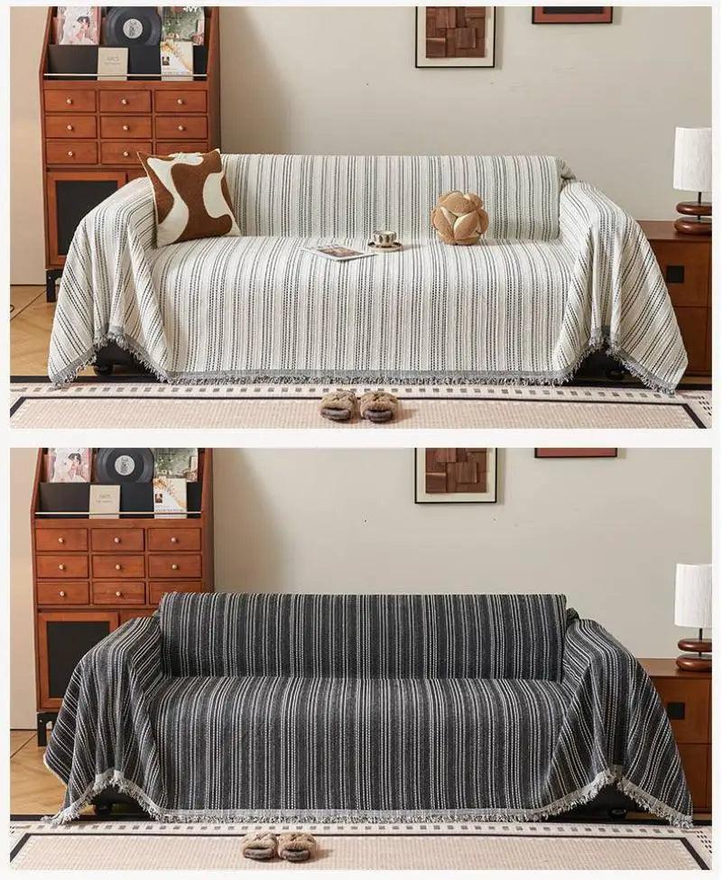 Chenille Stripe Pattern Reversible Sofa Cover │ Simple Solid Color Anti-cat Scratch ProtectionThrow Blanket with Tassel - Besontique Home