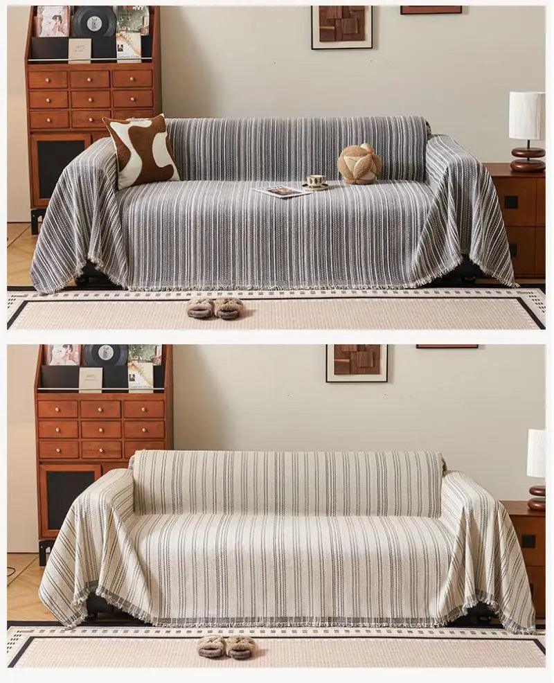 Chenille Stripe Pattern Reversible Sofa Cover │ Simple Solid Color Anti-cat Scratch ProtectionThrow Blanket with Tassel - Besontique Home