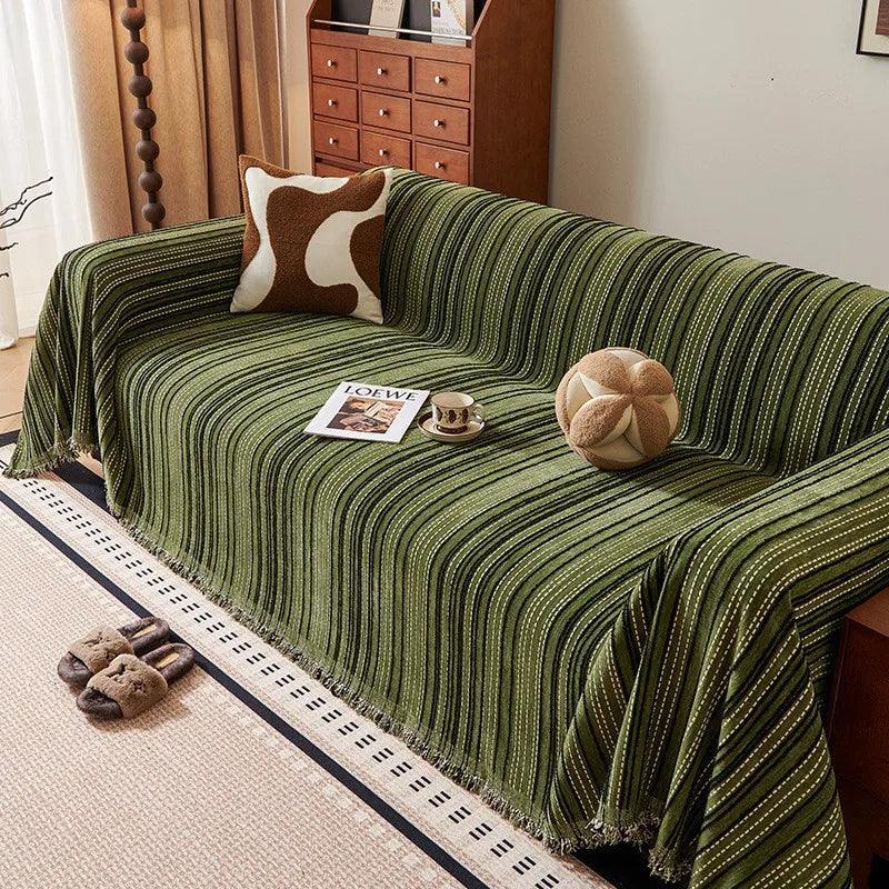 Chenille Stripe Pattern Reversible Sofa Cover │ Simple Solid Color Anti-cat Scratch ProtectionThrow Blanket with Tassel - Besontique Home