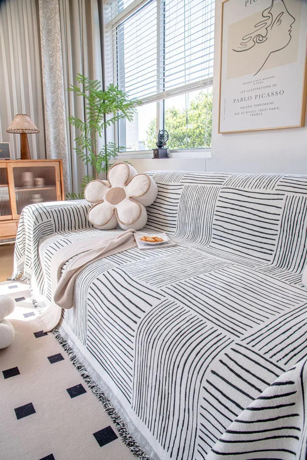 Chenille Striped Pattern Throw Blanket with Tassel 2 │ Nordic Jacquard Reversible Anti-cat Scratch Protection Sofa Cover - Besontique Home