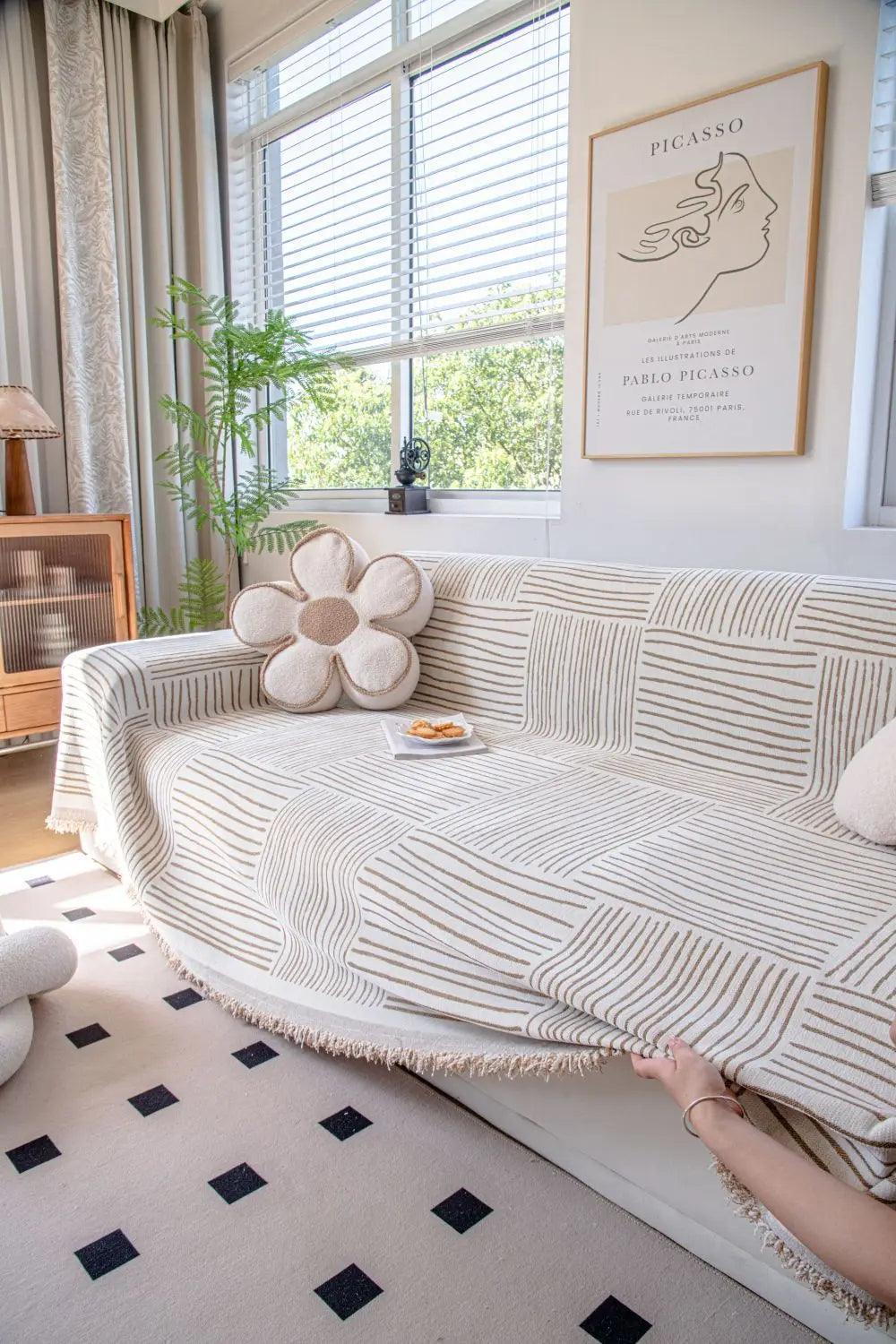 Chenille Striped Pattern Throw Blanket with Tassel 2 │ Nordic Jacquard Reversible Anti-cat Scratch Protection Sofa Cover - Besontique Home