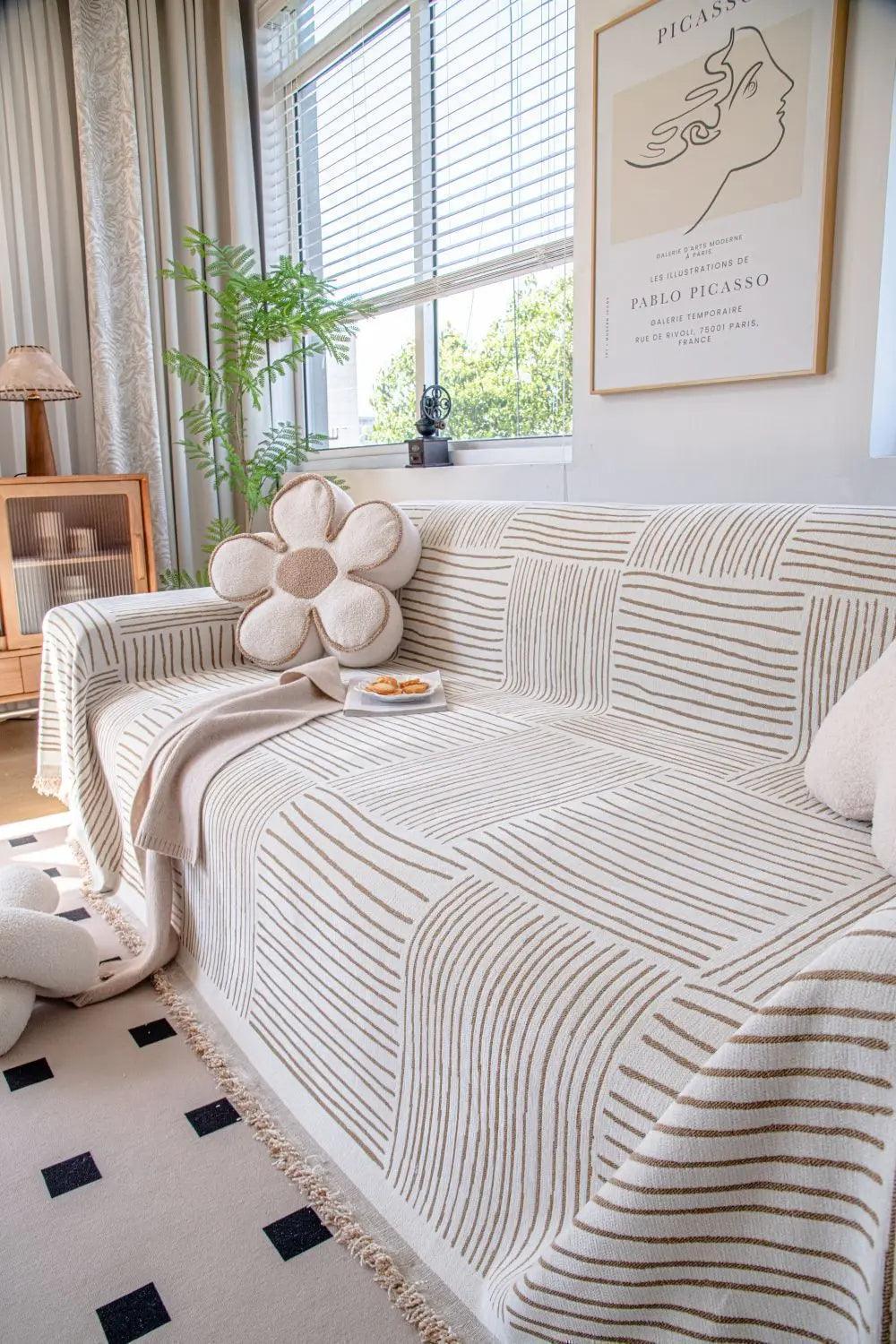 Chenille Striped Pattern Throw Blanket with Tassel 2 │ Nordic Jacquard Reversible Anti-cat Scratch Protection Sofa Cover - Besontique Home