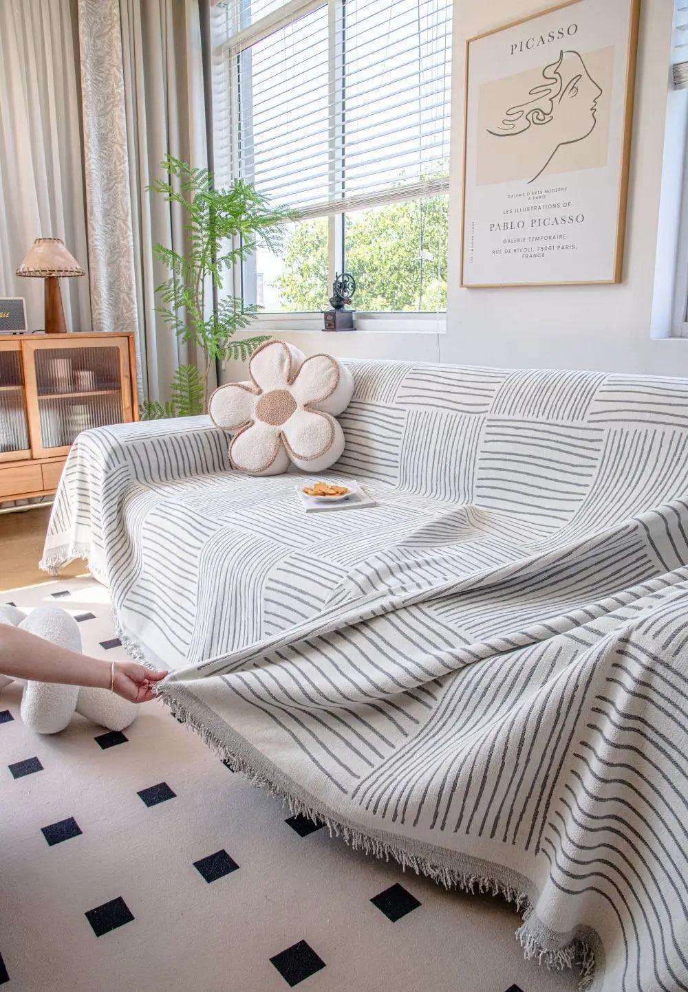 Chenille Striped Pattern Throw Blanket with Tassel 2 │ Nordic Jacquard Reversible Anti-cat Scratch Protection Sofa Cover - Besontique Home