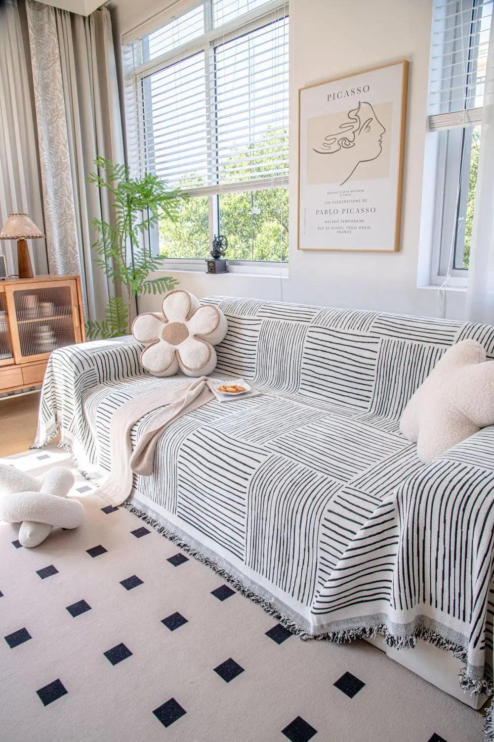 Chenille Striped Pattern Throw Blanket with Tassel 2 │ Nordic Jacquard Reversible Anti-cat Scratch Protection Sofa Cover - Besontique Home