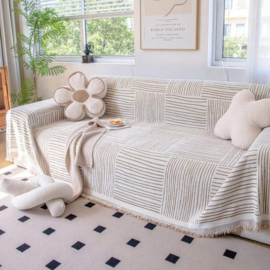 Chenille Striped Pattern Throw Blanket with Tassel 2 │ Nordic Jacquard Reversible Anti-cat Scratch Protection Sofa Cover - Besontique Home
