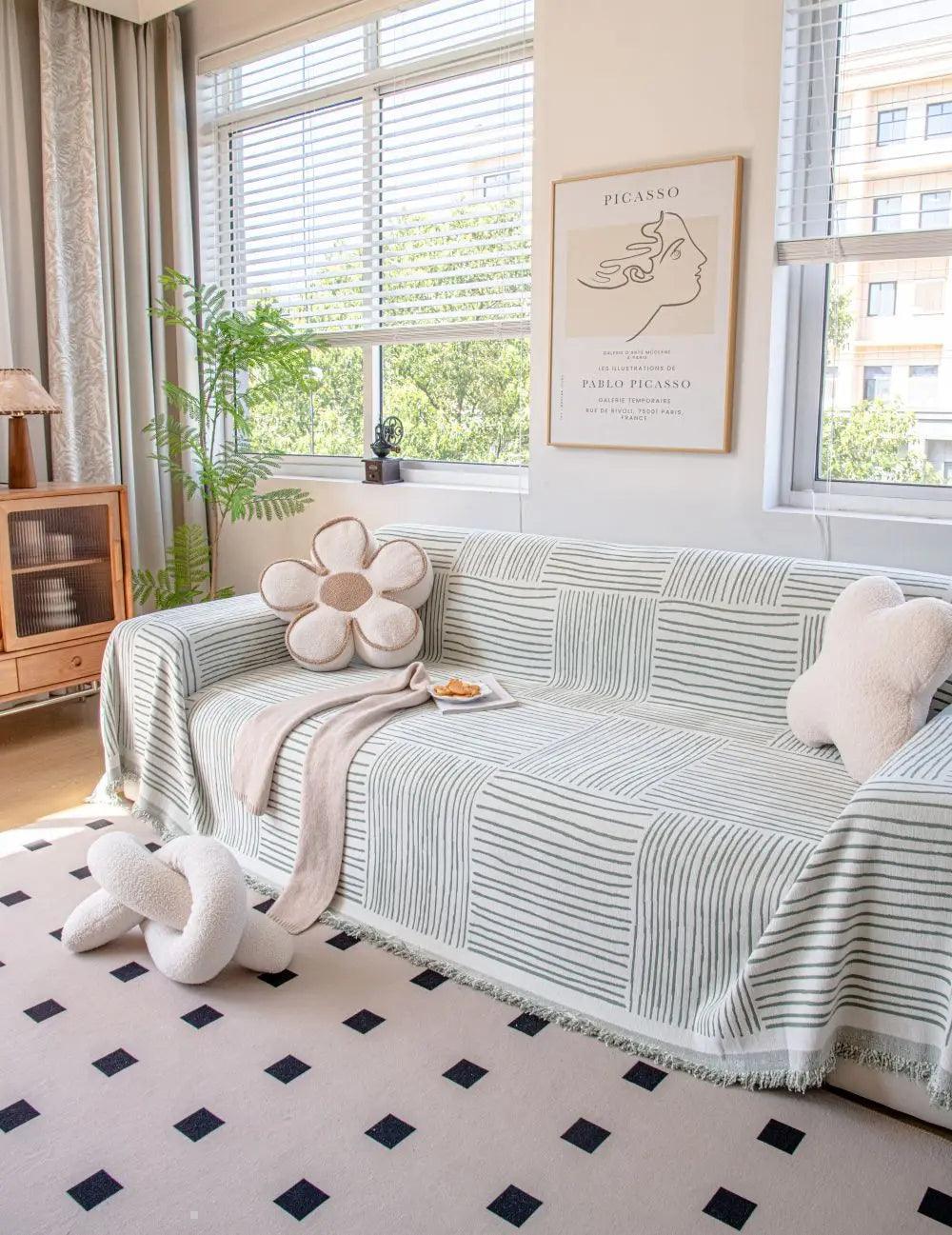Chenille Striped Pattern Throw Blanket with Tassel 2 │ Nordic Jacquard Reversible Anti-cat Scratch Protection Sofa Cover - Besontique Home