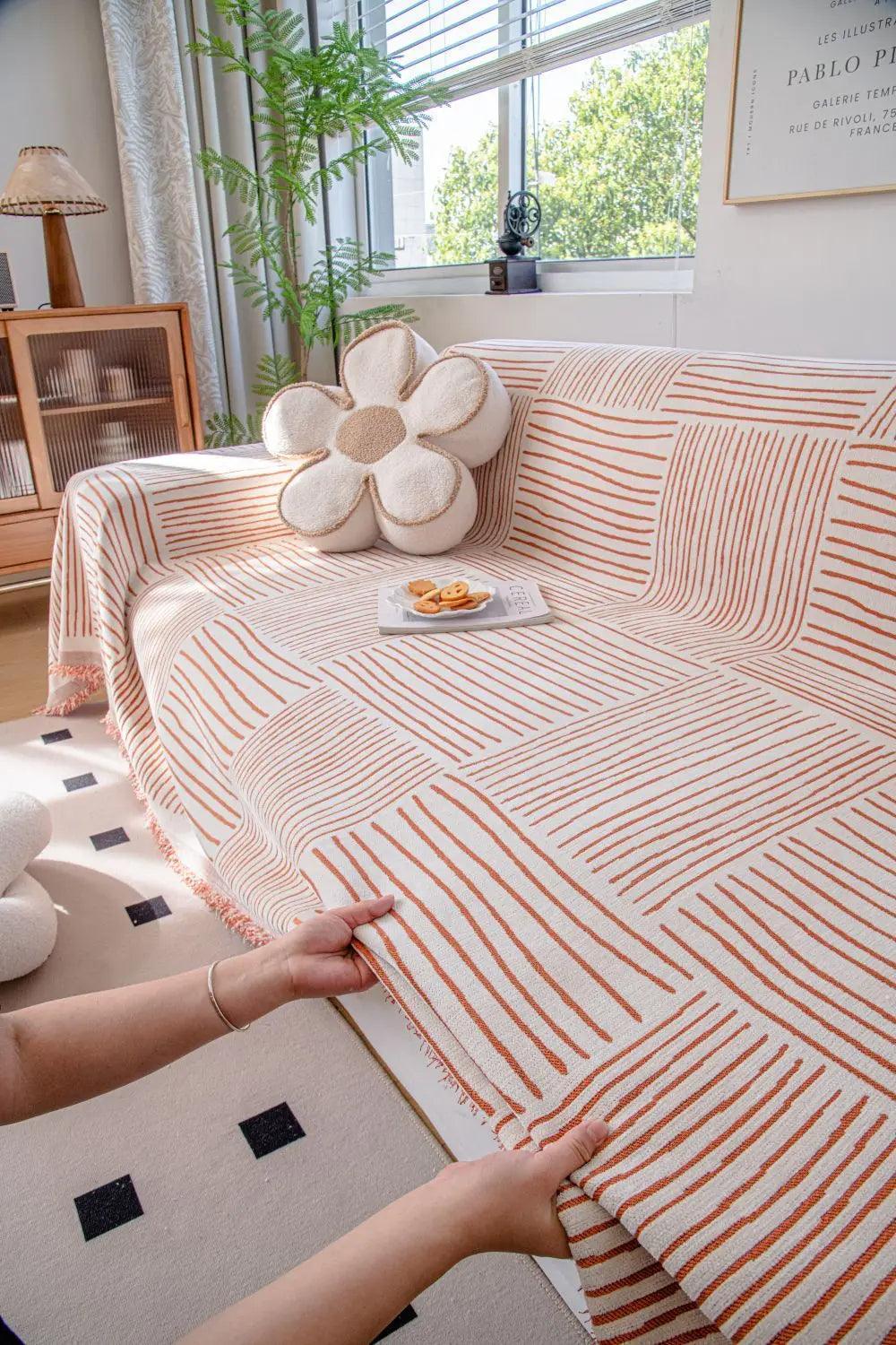Chenille Striped Pattern Throw Blanket with Tassel 2 │ Nordic Jacquard Reversible Anti-cat Scratch Protection Sofa Cover - Besontique Home