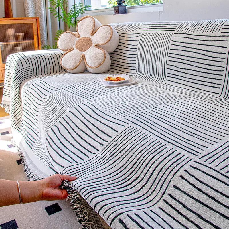 Chenille Striped Pattern Throw Blanket with Tassel 2 │ Nordic Jacquard Reversible Anti-cat Scratch Protection Sofa Cover - Besontique Home