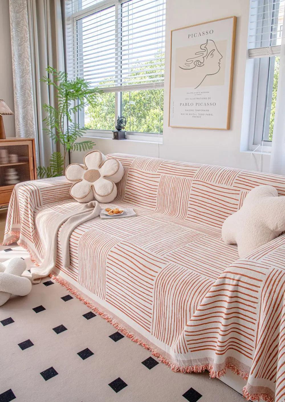 Chenille Striped Pattern Throw Blanket with Tassel 2 │ Nordic Jacquard Reversible Anti-cat Scratch Protection Sofa Cover - Besontique Home