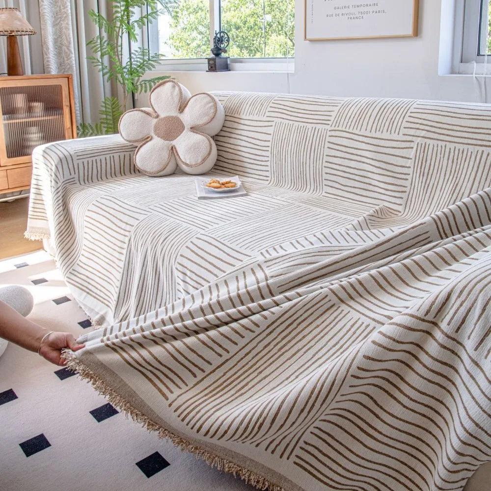 Chenille Striped Pattern Throw Blanket with Tassel 2 │ Nordic Jacquard Reversible Anti-cat Scratch Protection Sofa Cover - Besontique Home